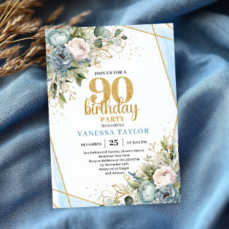 Blue Flowers Gold Glitter 90th Birthday Invitation Einladung