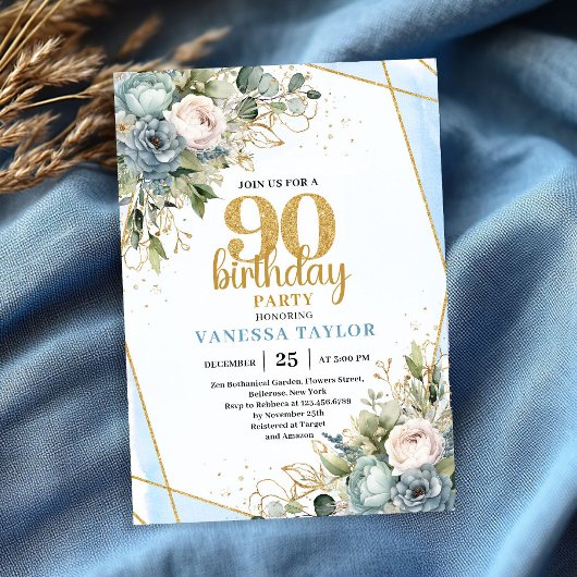 Blue Flowers Gold Glitter 90th Birthday Invitation Einladung