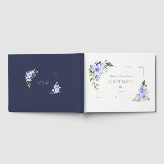 Blue Flowers Gold Glitzer Frame Wedding Gästebuch (Voll)