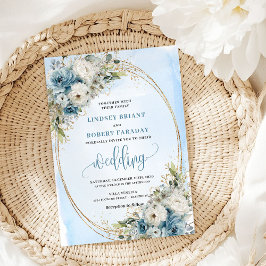 Blue Flowers Greenery Gold Glitter Wedding Invite Einladung