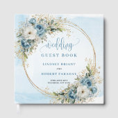 Blue Flowers Greenery Gold Wedding Guest Book Gästebuch (Vorderseite)