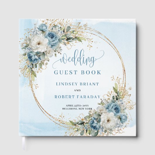 Blue Flowers Greenery Gold Wedding Guest Book Gästebuch (Vorderseite)