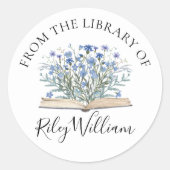Blue Flowers Grow From Book Bookplate Sticker (Vorderseite)