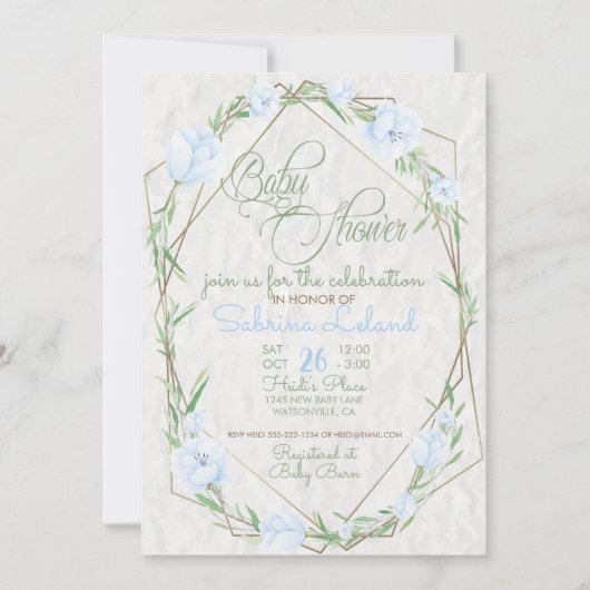 Blue Flowers Grüne Terrarium Babydusche Einladung (Vorderseite)
