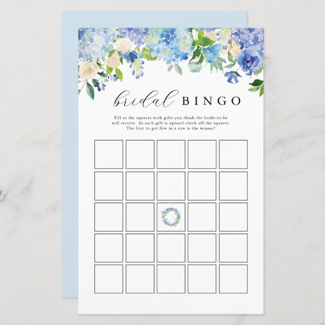 Blue Flowers Hydrangea Bridal Bingo Spielkarten (Vorne/Hinten)
