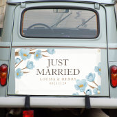 Blue Flowers Just Married Car Banner