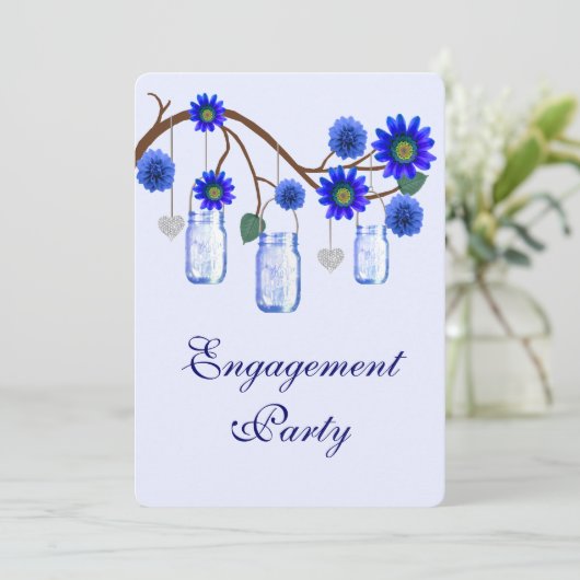 Blue Flowers Mason Jar Engagement Party Einladung (Stehend Vorderseite)