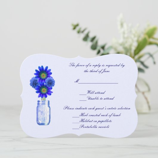 Blue Flowers Mason Jar Response Card Einladung (Stehend Vorderseite)