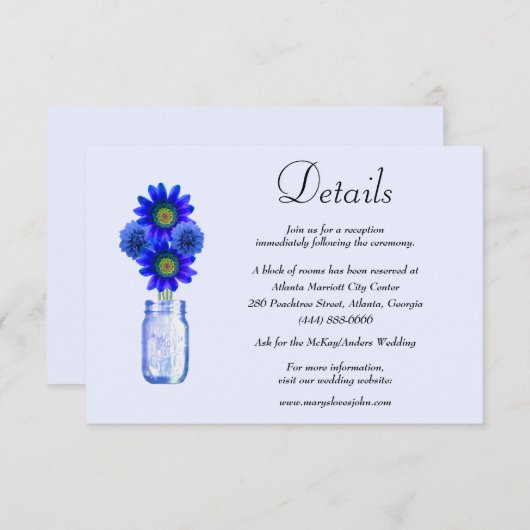 Blue Flowers Mason Jar Wedding Details Begleitkarte (Vorne/Hinten)