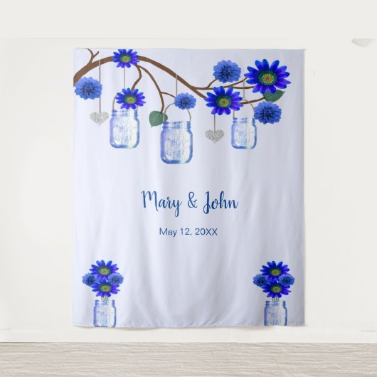 Blue Flowers Mason Jars Foto Hintergrund Wandteppich (Vorderseite)