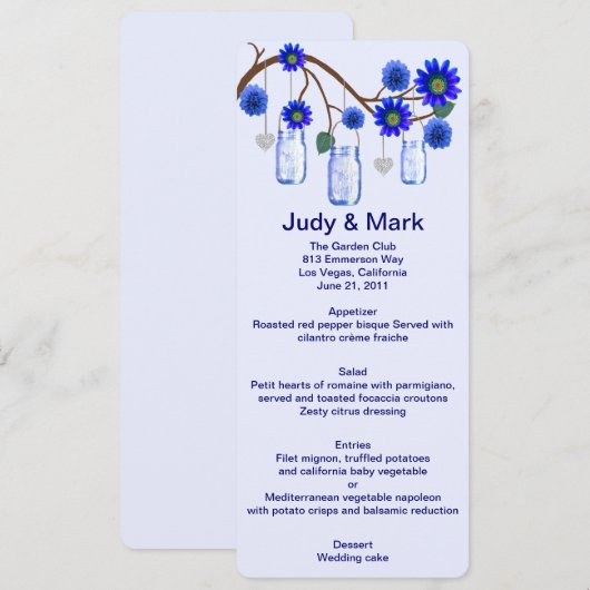 Blue Flowers Mason Jars Menükarte (Vorne/Hinten)