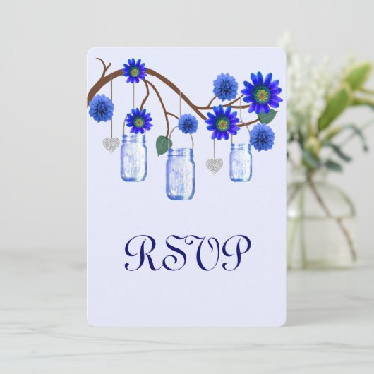 Blue Flowers Mason Jars Response Card Einladung (Stehend Vorderseite)