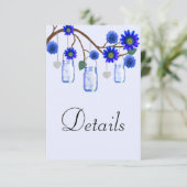 Blue Flowers Mason Jars Wedding Details Begleitkarte (Stehend Vorderseite)
