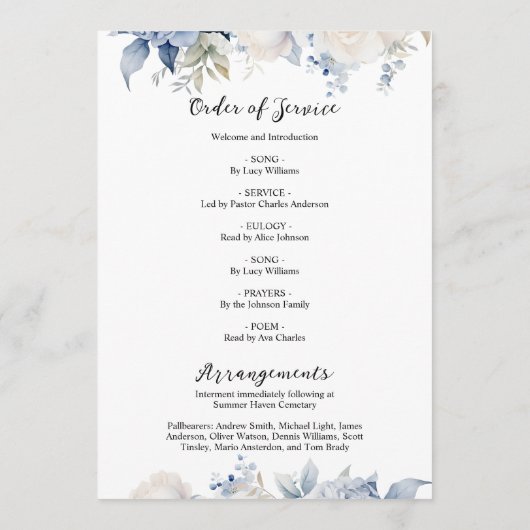 Blue Flowers Memorial Funeral Order of Service Programm (Rückseite)