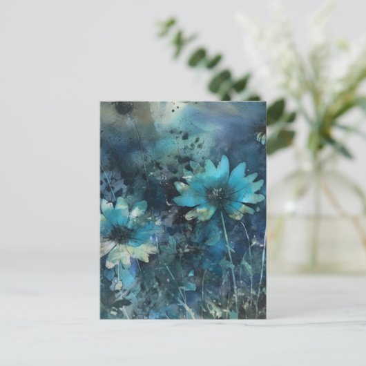 Blue Flowers Mixed Media Postkarte (Stehend Vorderseite)