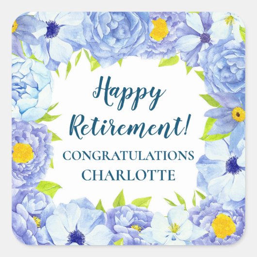 Blue Flowers Retirement Gastgeschenk Tag Quadratischer Aufkleber (Vorderseite)
