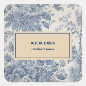 Blue Flowers Toile de Jouy Ihr Name Quadratischer Aufkleber (Vorderseite)