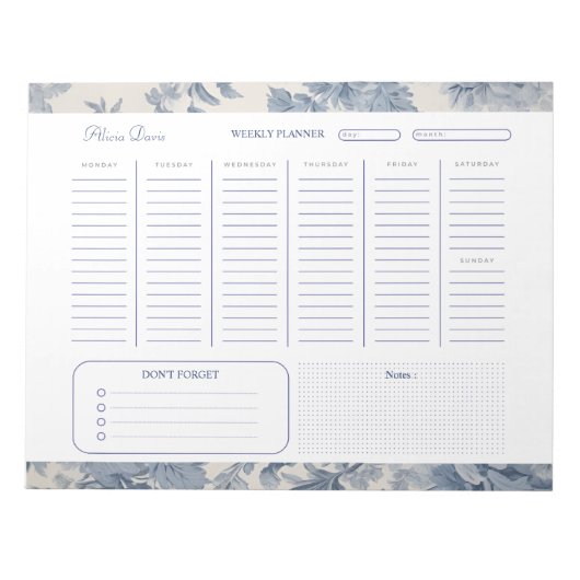 Blue Flowers Toile de Jouy Weekly Planner Notizblock (Vorderseite)