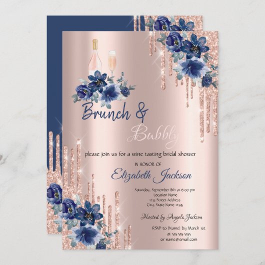 Blue Flowers Tropfen Brunch & Bubbly Brautparty Einladung (Vorne/Hinten)