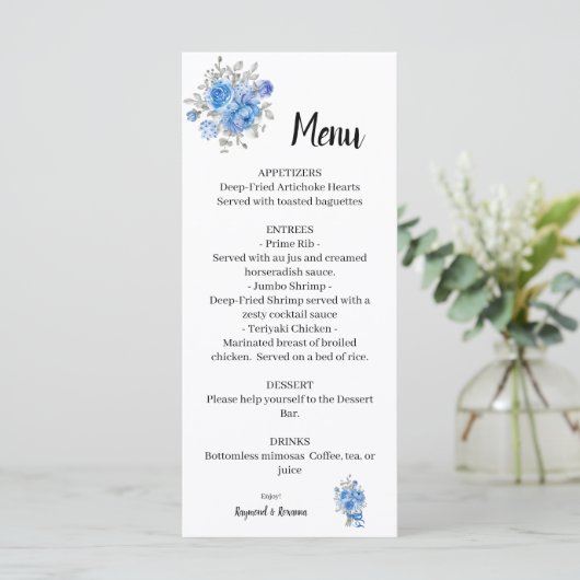 Blue Flowers Wedding Brautparty Menu Menükarte (Stehend Vorderseite)