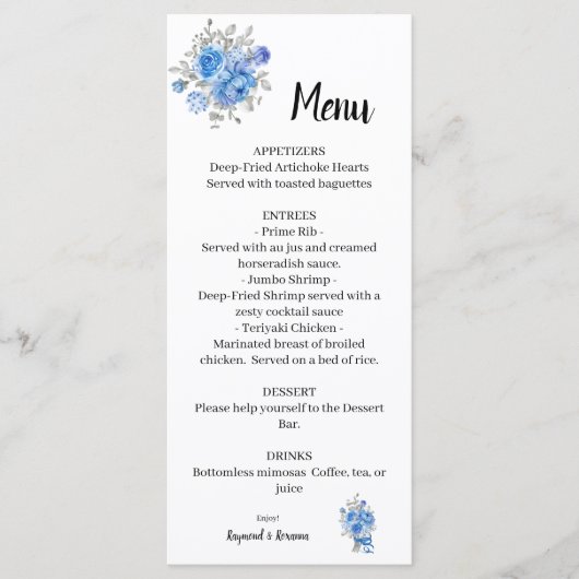 Blue Flowers Wedding Brautparty Menu Menükarte (Vorderseite)