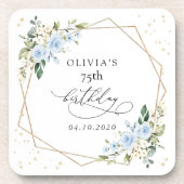 Blue Flowers, White Flowers, Greenery, Birthday Getränkeuntersetzer (Vorderseite)