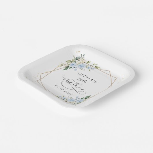 Blue Flowers, White Flowers, Greenery, Birthday Pappteller (Gewinkelt)