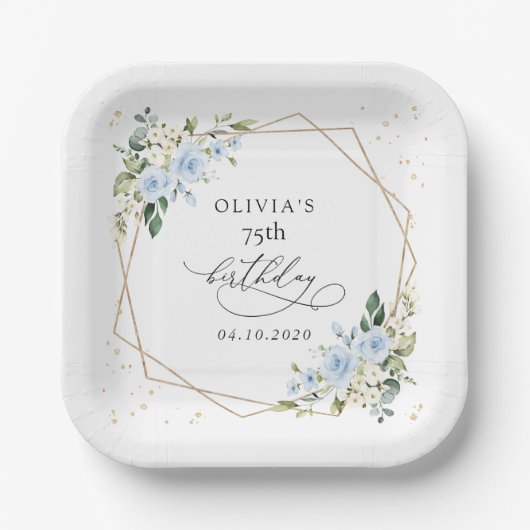 Blue Flowers, White Flowers, Greenery, Birthday Pappteller (Vorderseite)