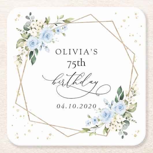 Blue Flowers, White Flowers, Greenery, Birthday Rechteckiger Pappuntersetzer (Vorderseite)