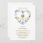 Blue Flowers Wreath Boy First Heilige Kommune Einladung (Vorne/Hinten)