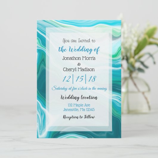 Blue Fluid Art Wedding Einladung (Stehend Vorderseite)