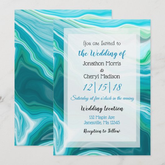 Blue Fluid Art Wedding Einladung (Vorne/Hinten)