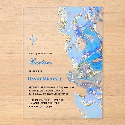blue fluid marble Baptism acrylic invitation Acryleinladungen (Vorderseite)