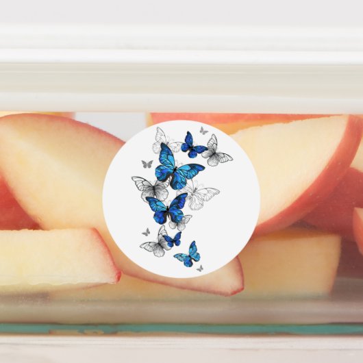 Blue Flying Butterflies Morpho Etiketten (Befestigt)