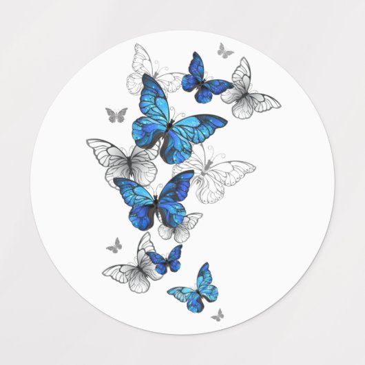 Blue Flying Butterflies Morpho Etiketten (Design 1)