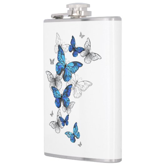 Blue Flying Butterflies Morpho Flachmann (Links)