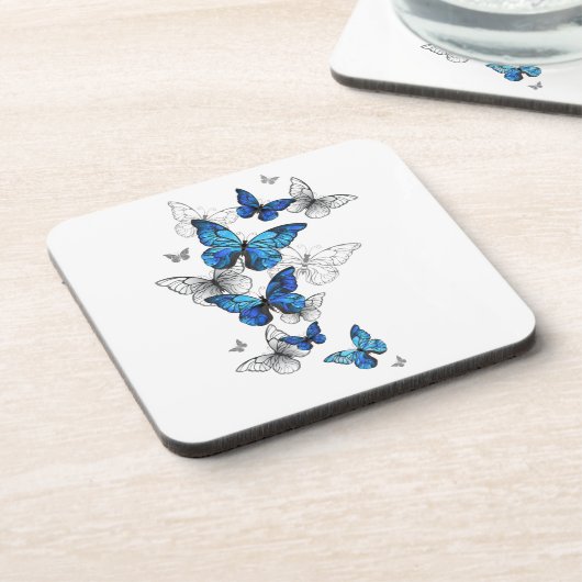 Blue Flying Butterflies Morpho Getränkeuntersetzer (Linke Seite)