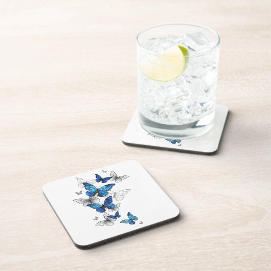 Blue Flying Butterflies Morpho Getränkeuntersetzer (Rechte Seite)