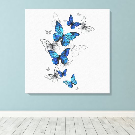 Blue Flying Butterflies Morpho Leinwanddruck (Insitu (Holzboden))