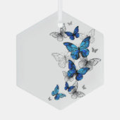 Blue Flying Butterflies Morpho Ornament Aus Glas (Rückseite)