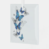 Blue Flying Butterflies Morpho Ornament Aus Glas (Vorderseite links)