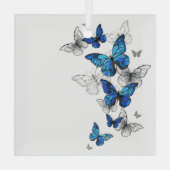 Blue Flying Butterflies Morpho Ornament Aus Glas (Rückseite)