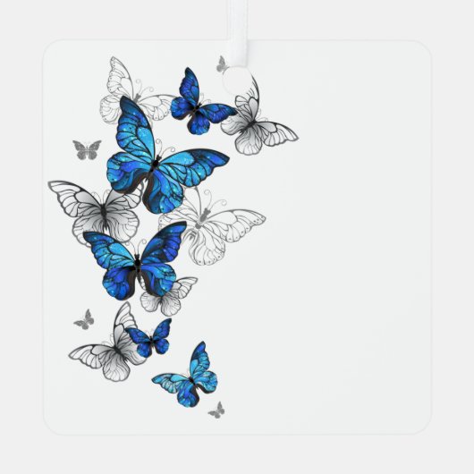 Blue Flying Butterflies Morpho Ornament Aus Metall (Rückseite)