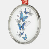 Blue Flying Butterflies Morpho Ornament Aus Metall (Links)