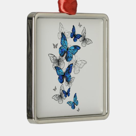 Blue Flying Butterflies Morpho Ornament Aus Metall (Rechts)