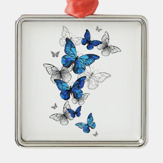Blue Flying Butterflies Morpho Ornament Aus Metall (Vorne)