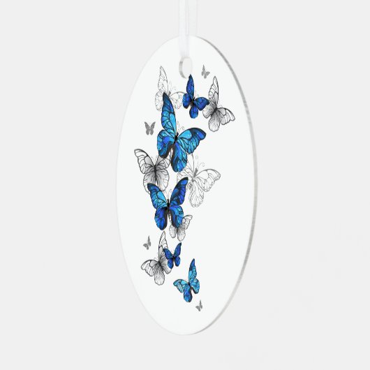 Blue Flying Butterflies Morpho Ornament Aus Metall (Vorderseite links)