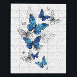 Blue Flying Butterflies Morpho Puzzle<br><div class="desc">Flying Blue Butterflies Morpho und weiße Schmetterlinge auf einem hellen abstrakten Hintergrund. Morpho. Design mit blauen Schmetterlingen Morpho.</div>