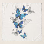 Blue Flying Butterflies Morpho Schal<br><div class="desc">Flying Blue Butterflies Morpho und weiße Schmetterlinge auf einem hellen abstrakten Hintergrund. Morpho. Design mit blauen Schmetterlingen Morpho.</div>