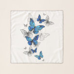 Blue Flying Butterflies Morpho Schal<br><div class="desc">Flying Blue Butterflies Morpho und weiße Schmetterlinge auf einem hellen abstrakten Hintergrund. Morpho. Design mit blauen Schmetterlingen Morpho.</div>